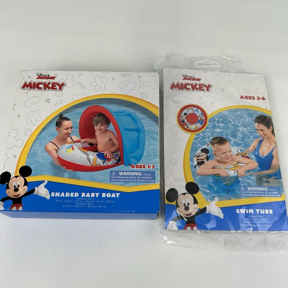 Disney Jr Mickey Mouse Shaded Baby Boat Pool Float Sun Shield Swim Tube Summer